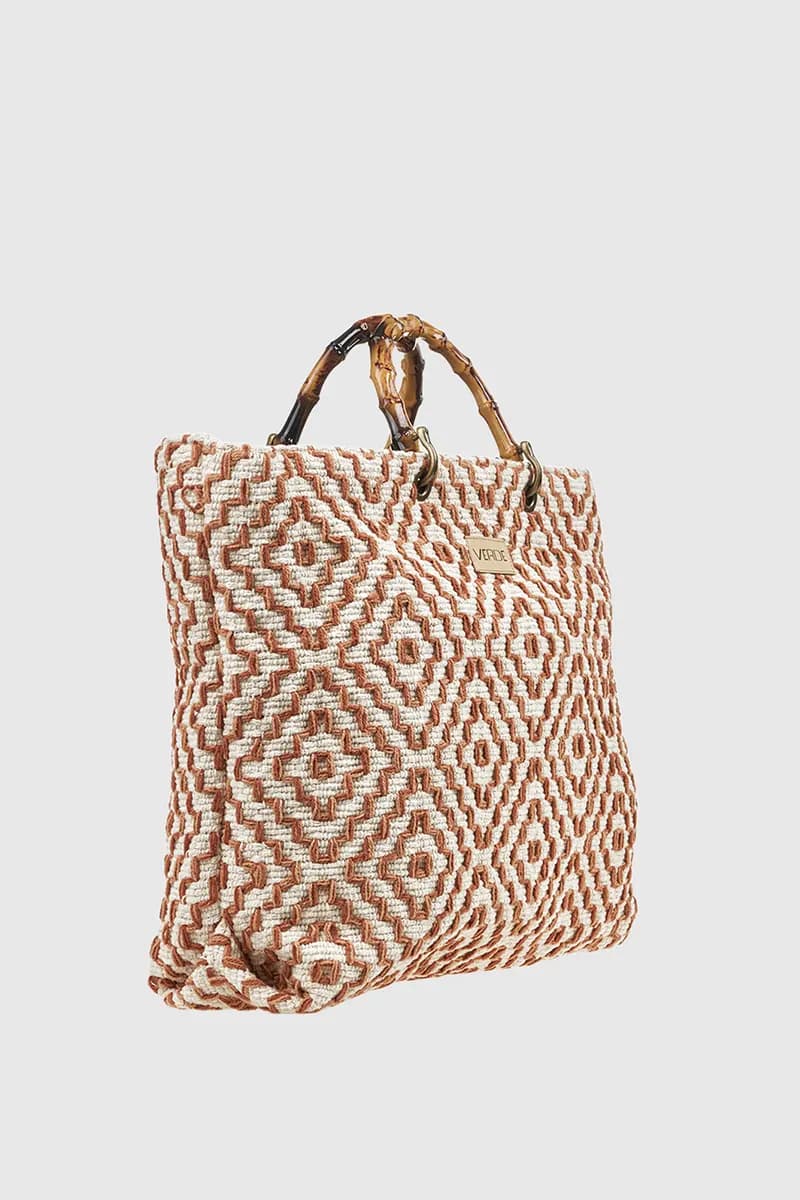 VERDE FASHION | Borsa mare tote in cotone ricamo rombi - 2