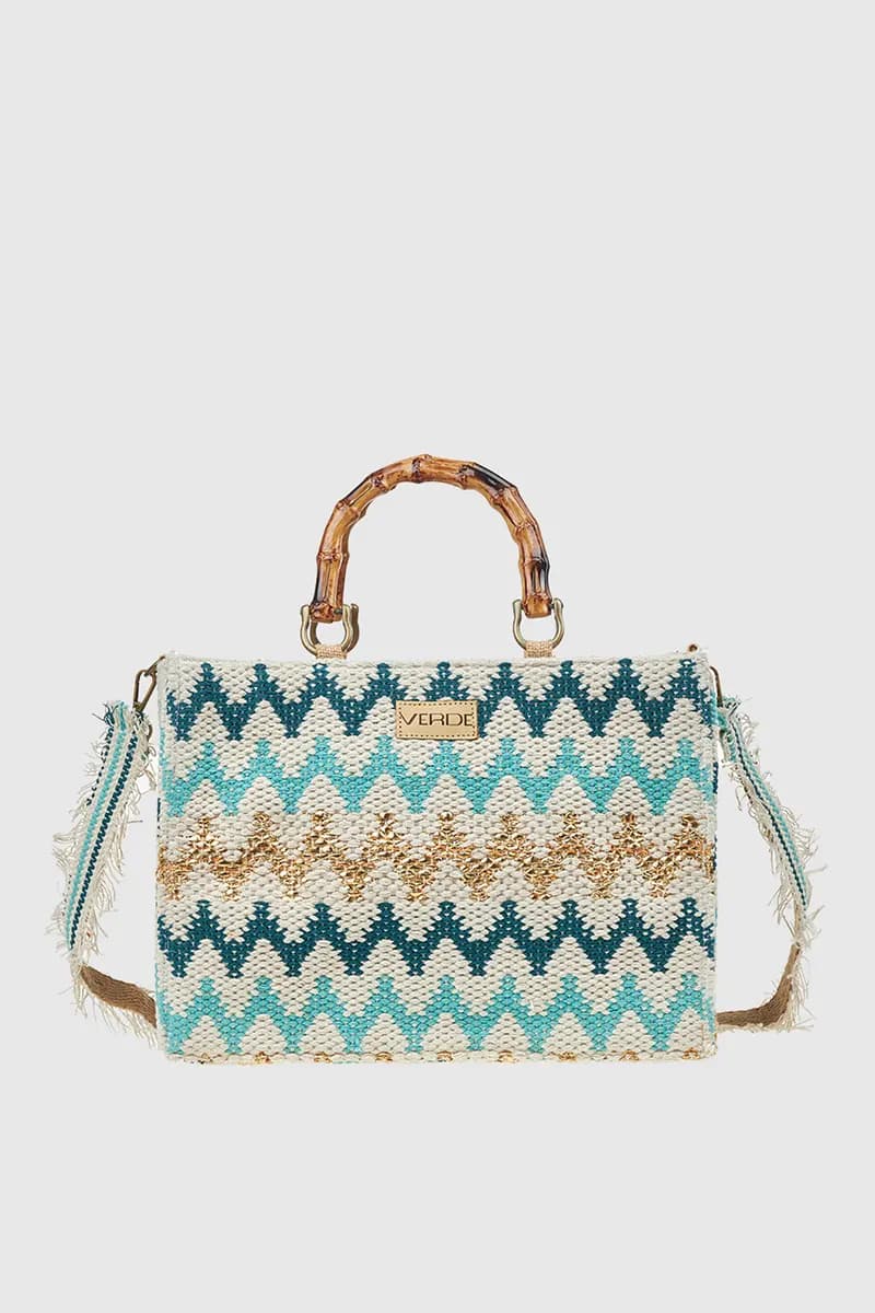 VERDE FASHION | Borsa mare in cotone ricamo zig zag con tracolla - 5