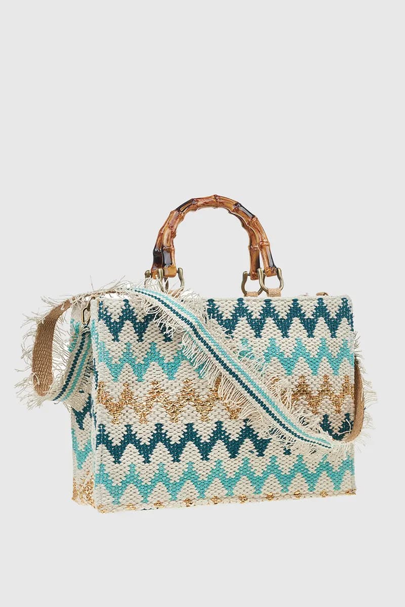 VERDE FASHION | Borsa mare in cotone ricamo zig zag con tracolla - 2