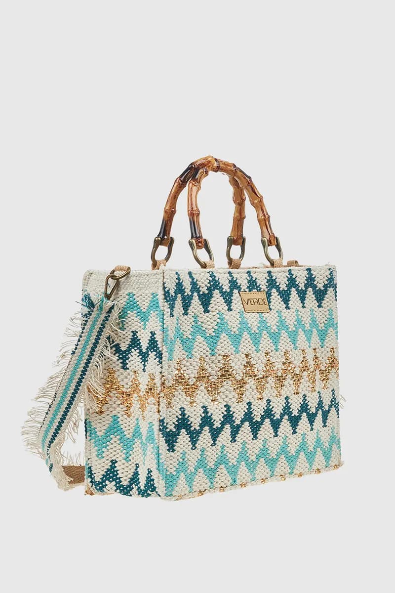 VERDE FASHION | Borsa mare in cotone ricamo zig zag con tracolla - 3