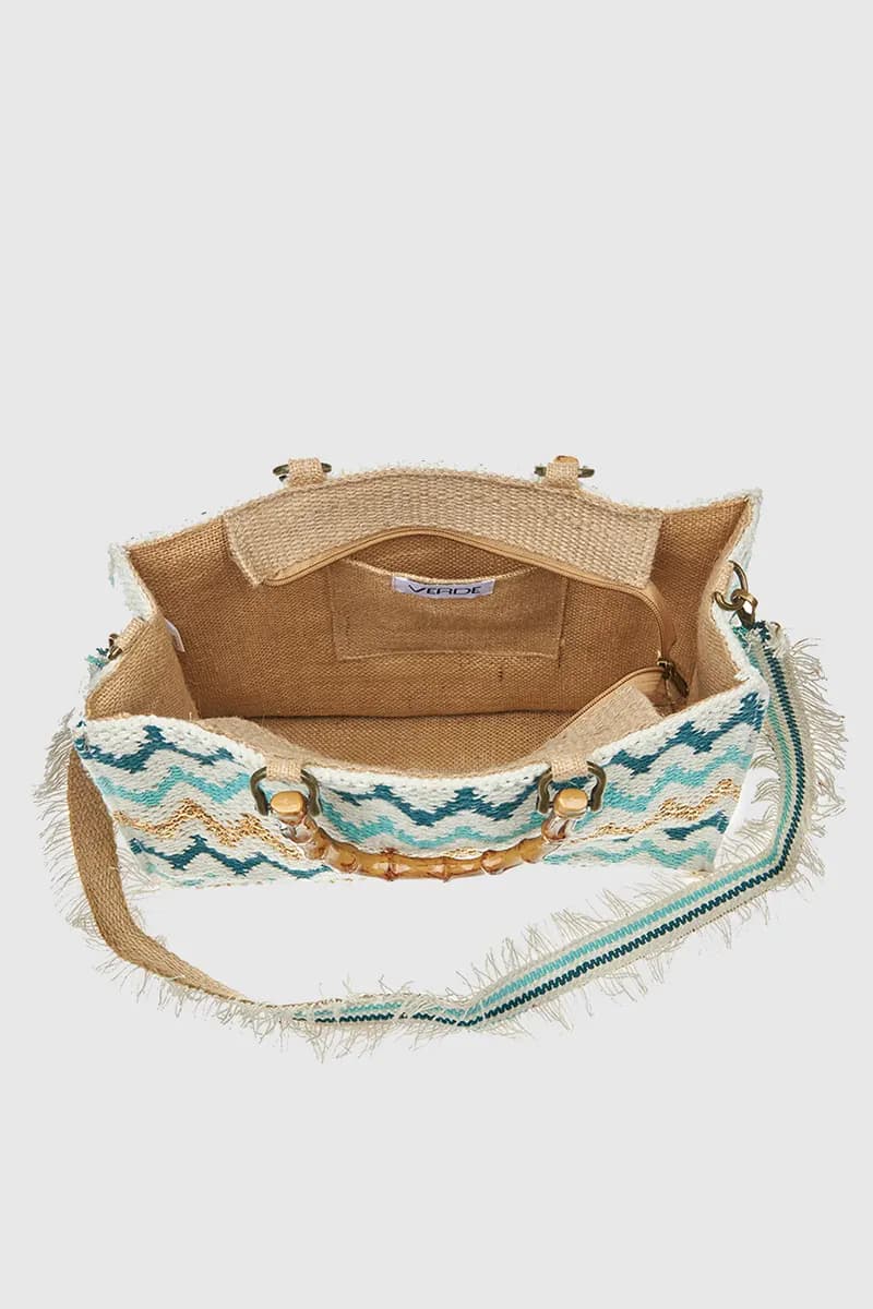 VERDE FASHION | Borsa mare in cotone ricamo zig zag con tracolla - 4