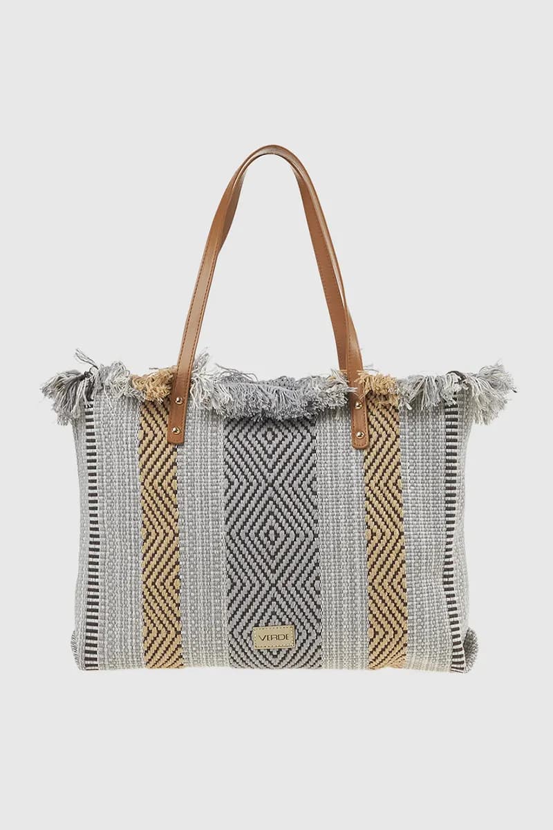 VERDE FASHION | Borsa mare in tessuto ricamo geometrico - 5
