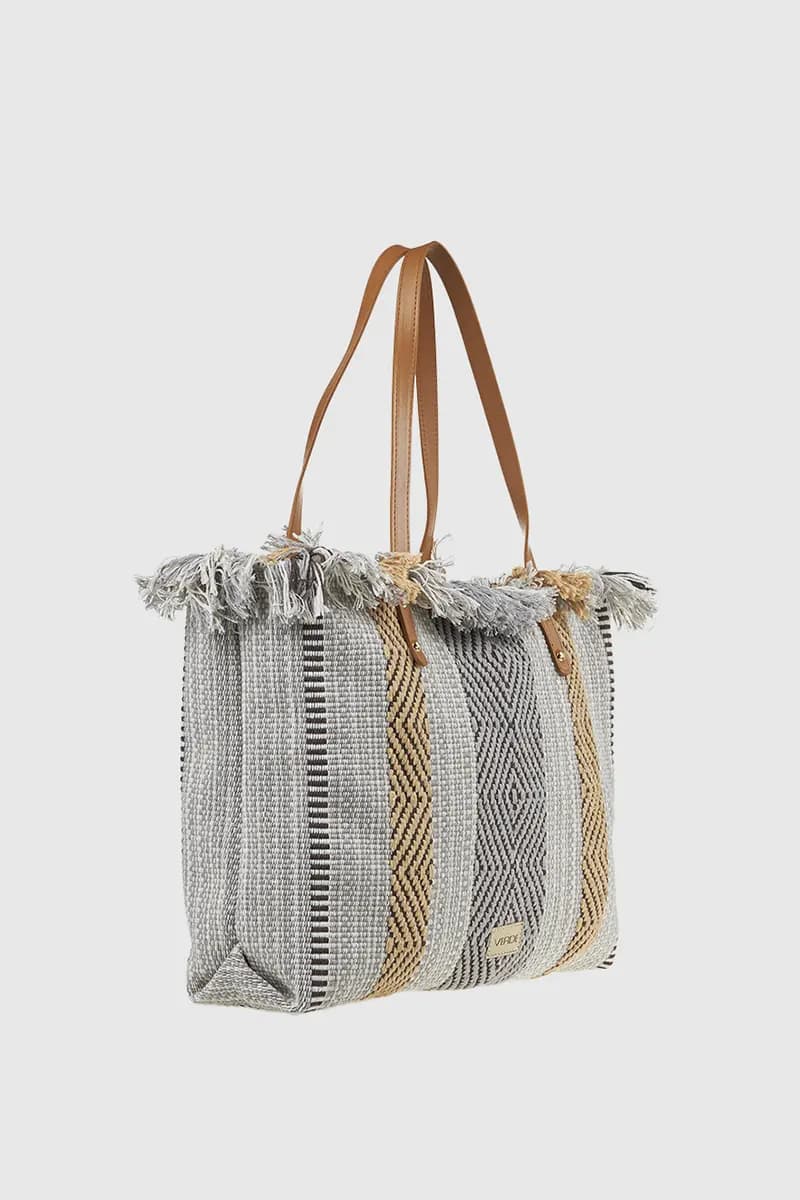 VERDE FASHION | Borsa mare in tessuto ricamo geometrico - 3