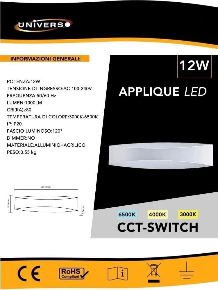 Applique Led Luce Bianca Calda Naturale 12 W Lampada Da Parete 3 Cct Bianco - 4