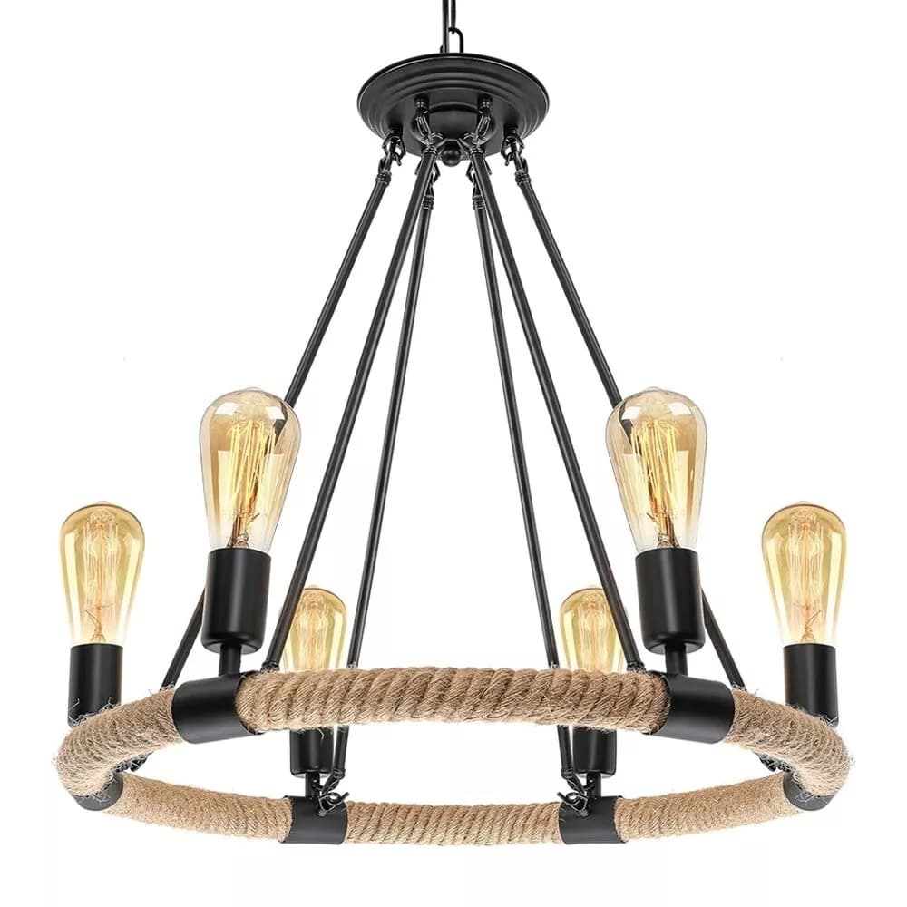 Lampadario Rotondo Rustico In Canapa E Metallo Portalampada E27 Industriale A20 - 5