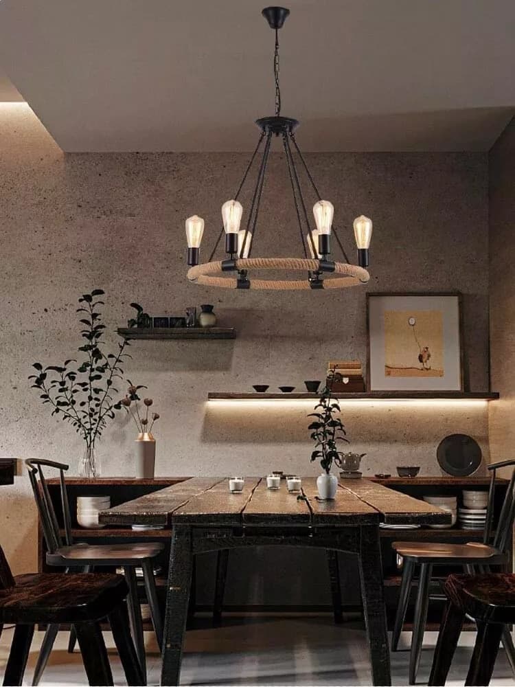 Lampadario Rotondo Rustico In Canapa E Metallo Portalampada E27 Industriale A20 - 2