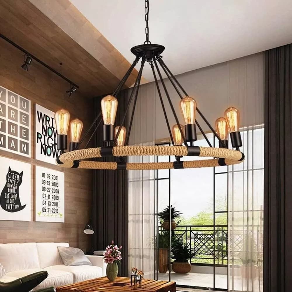 Lampadario Rotondo Rustico In Canapa E Metallo Portalampada E27 Industriale A20 - 3