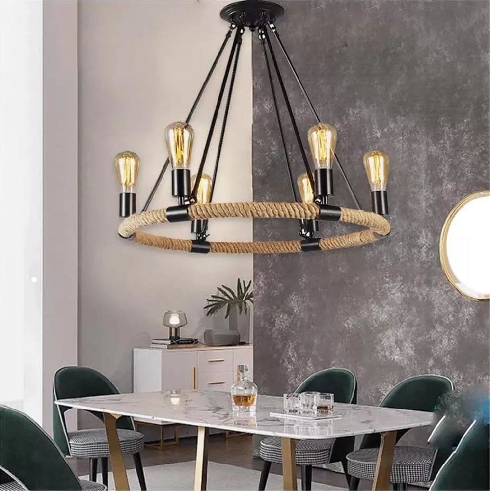 Lampadario Rotondo Rustico In Canapa E Metallo Portalampada E27 Industriale A20 - 4