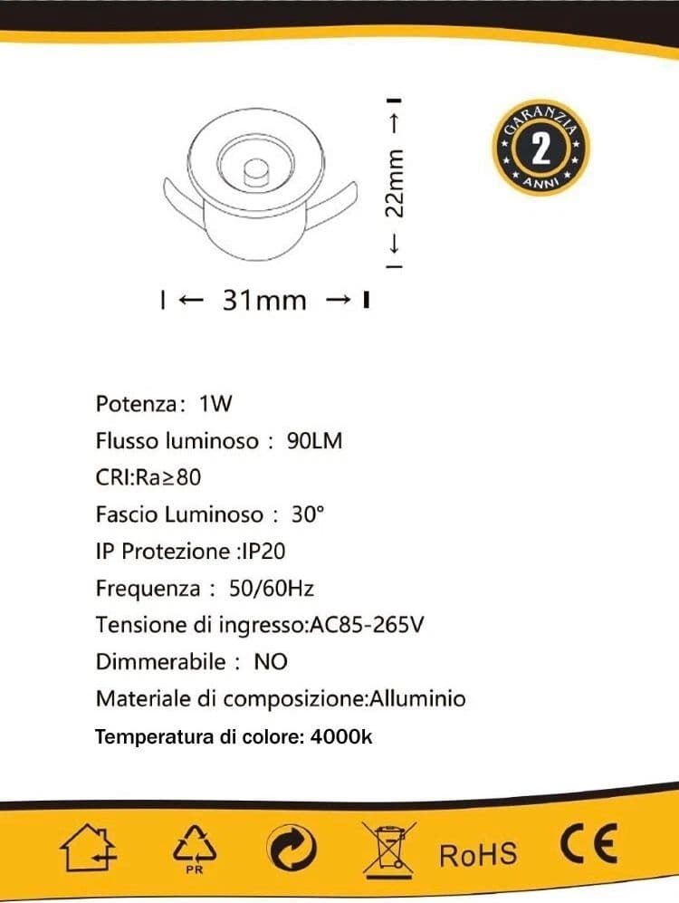 Kit 5 Faretti Luce Naturale Faretto Led 1 W A Incasso Silver P31-5n - 4