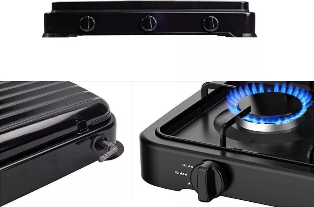 Fornello A Gas Gpl Cucina Da Campeggio Casa 3 Fuochi Piastra Nero - 2