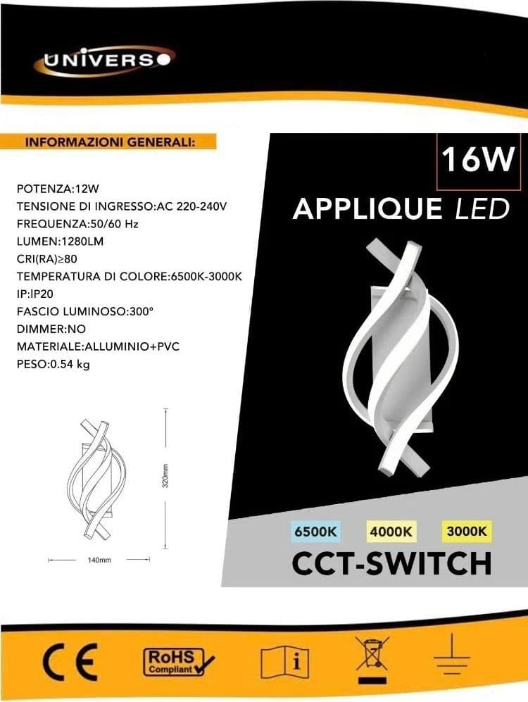 Applique Led Luce Bianca Calda Naturale Lampada A Spirale 12 W 3 Cct Aq23 - 4