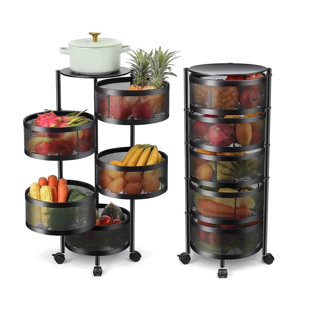Carrello In Metallo 5 Ripiani Gira 360  Cesto Porta Frutta Verdura 4 Ruote 90 Cm - 5