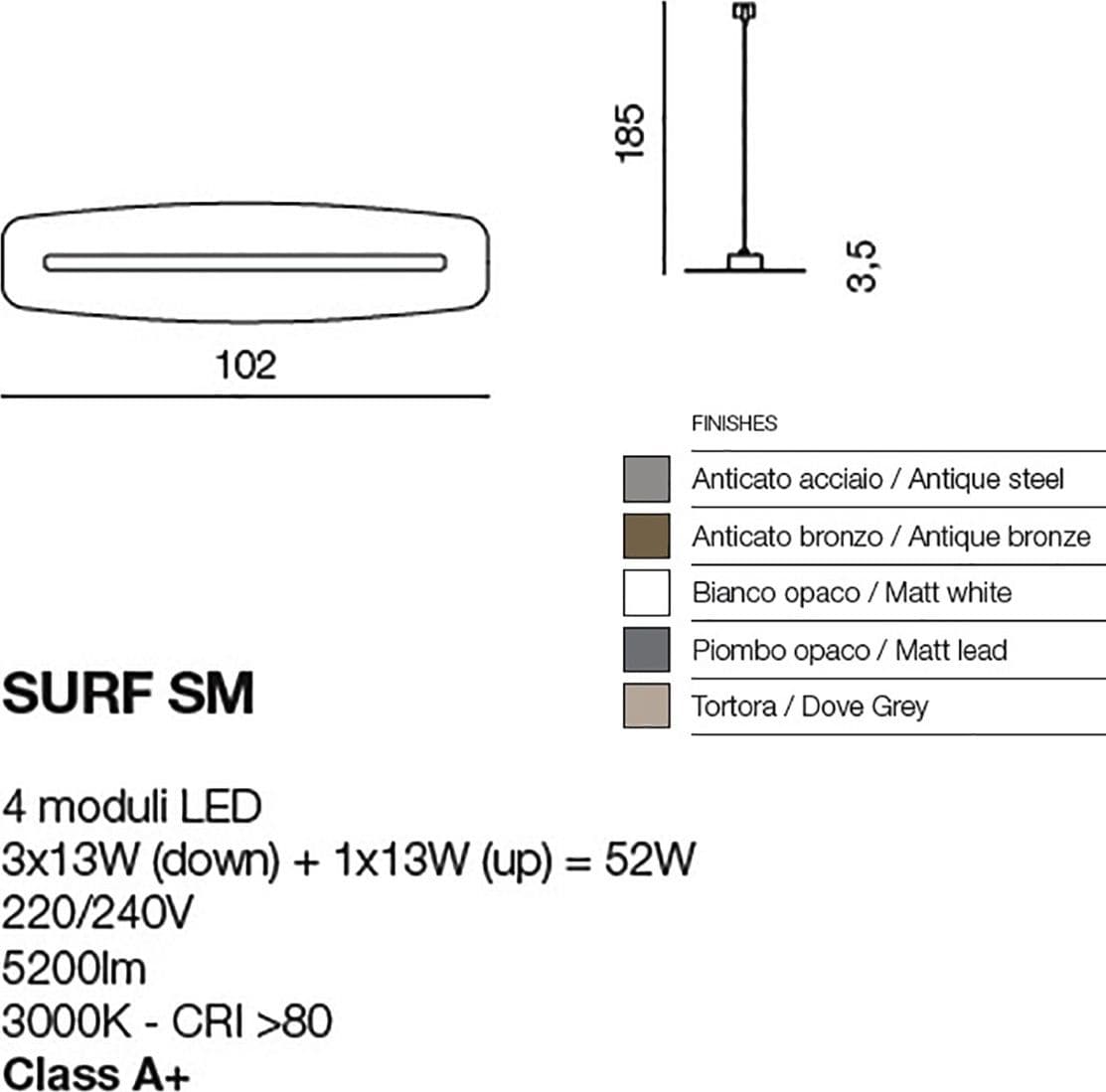 Sospensione GN-SURF SM 52W LED 5200LM 3000°K 102CM dimmerabile alluminio lampadario ufficio moderno rettangolare biemissione - 8