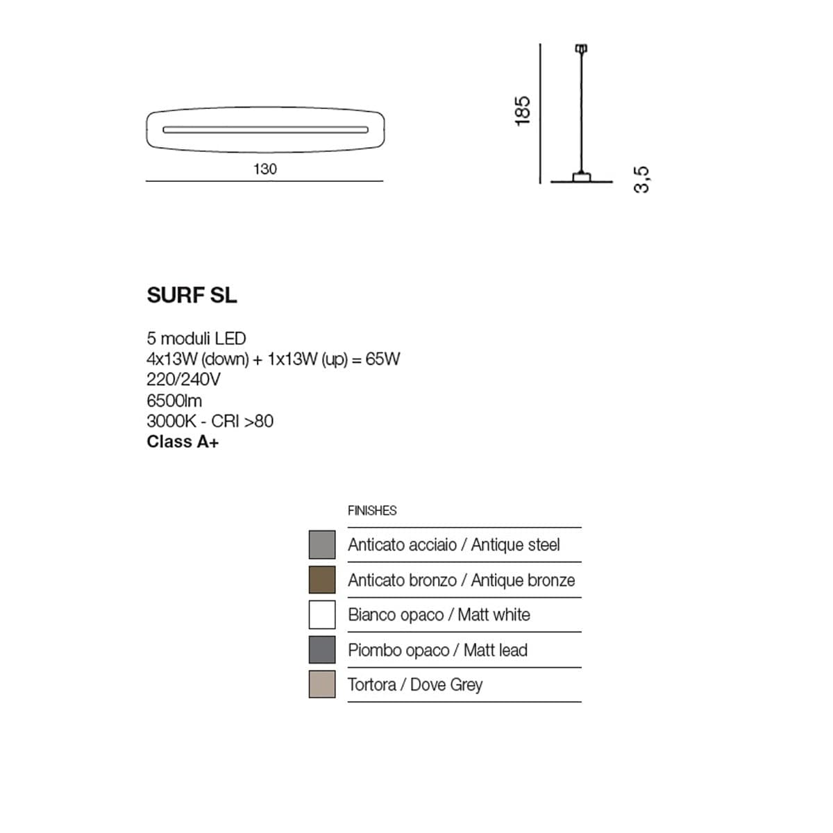 Sospensione GN-SURF SL 65W LED 6500LM 3000°K 130CM dimmerabile alluminio lampadario ufficio moderno rettangolare biemissione - 9
