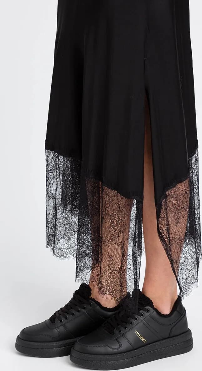 TWINSET | Gonna longuette in satin con pizzo - 3
