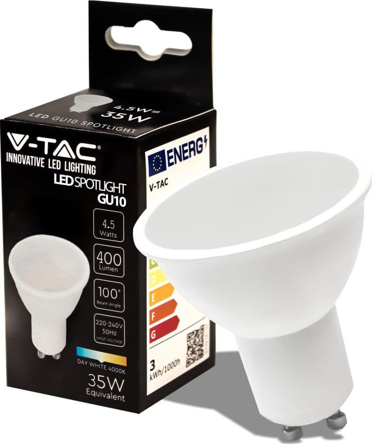 V-TAC PRO Faretto LED Chip Samsung GU10 4,5W 100° Copertura Satinata 4000K