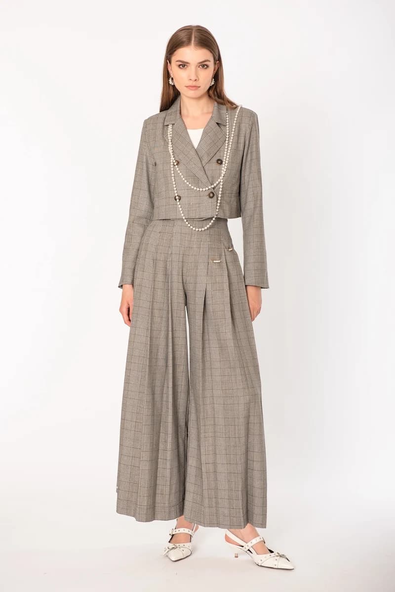 NO-NA' | Pantalone ampio check con spille perla - 5