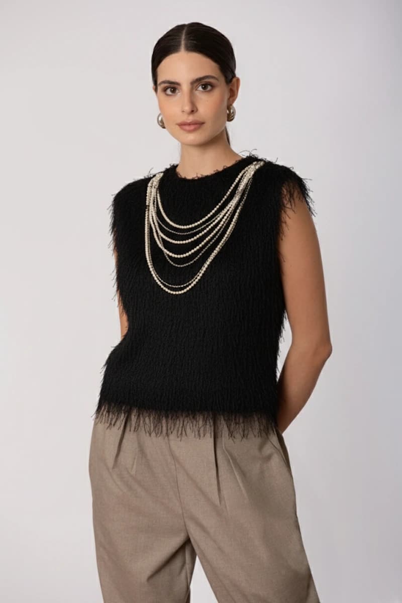 SISTE'S | Top piume smanicato con collana e fiocco - 4
