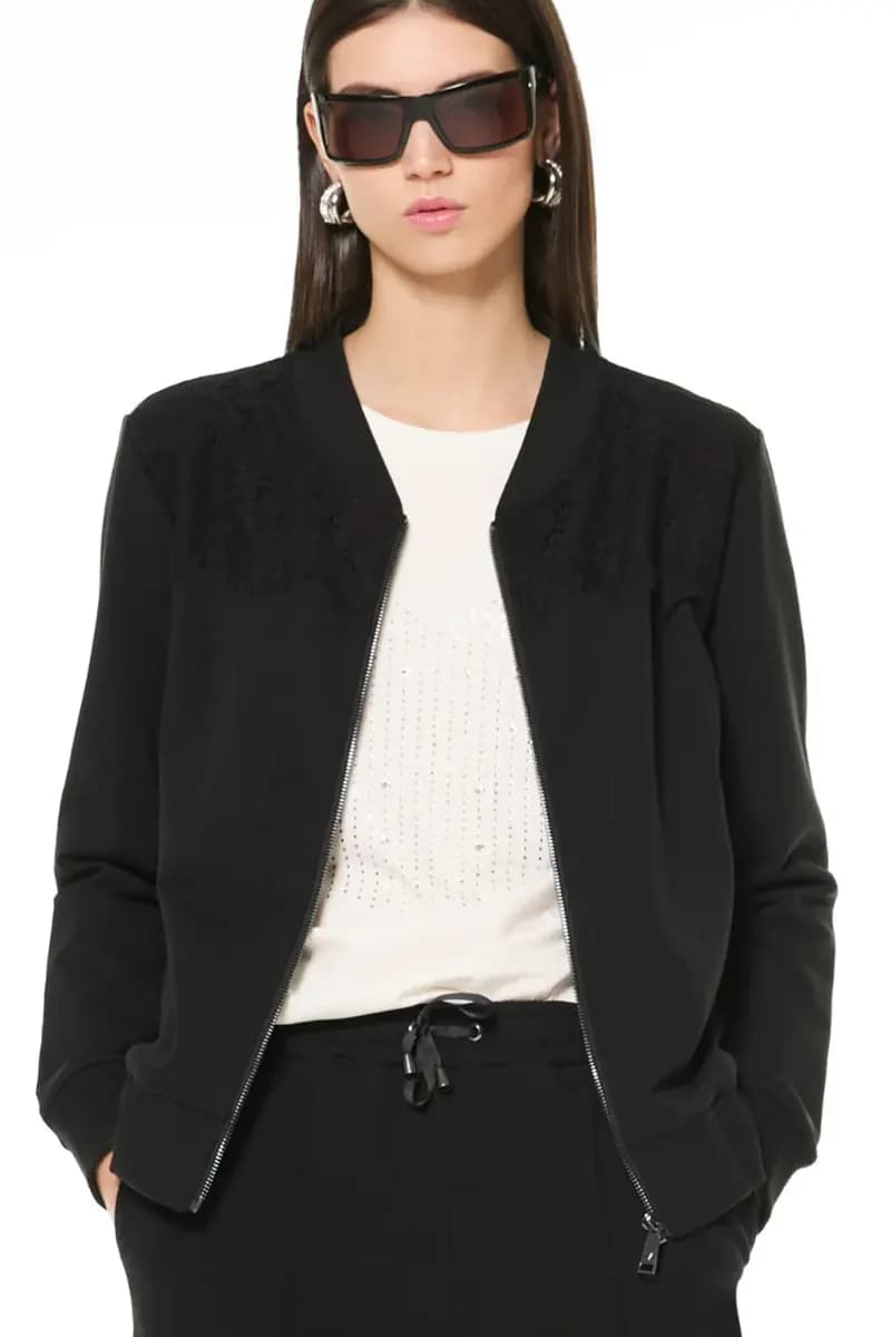 VERDISSIMA | Felpa zip in cotone dettaglio pizzo - 3
