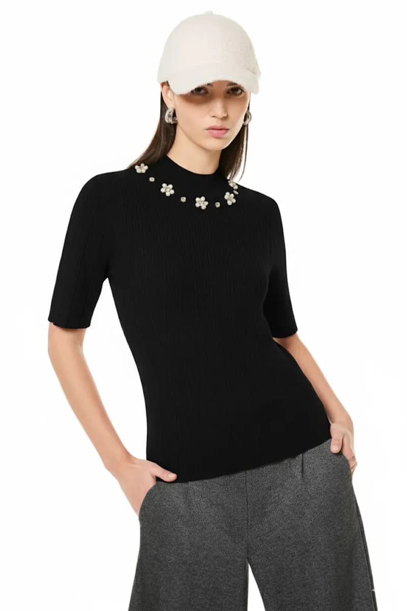 VERDISSIMA | Maglia in viscosa manica corta con strass - 4