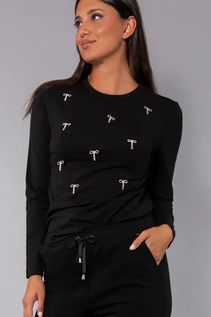 VERDISSIMA | Maglia in cotone con strass fiocco - 1