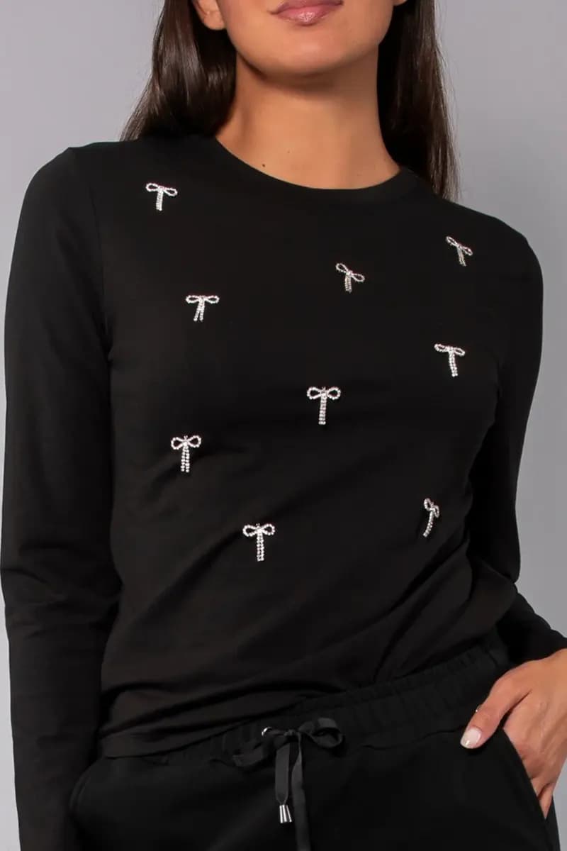 VERDISSIMA | Maglia in cotone con strass fiocco - 3