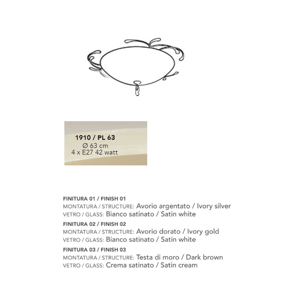 Plafoniera classica LAM 1910 PL63 E27 LED metallo vetro lampada soffitto - 3
