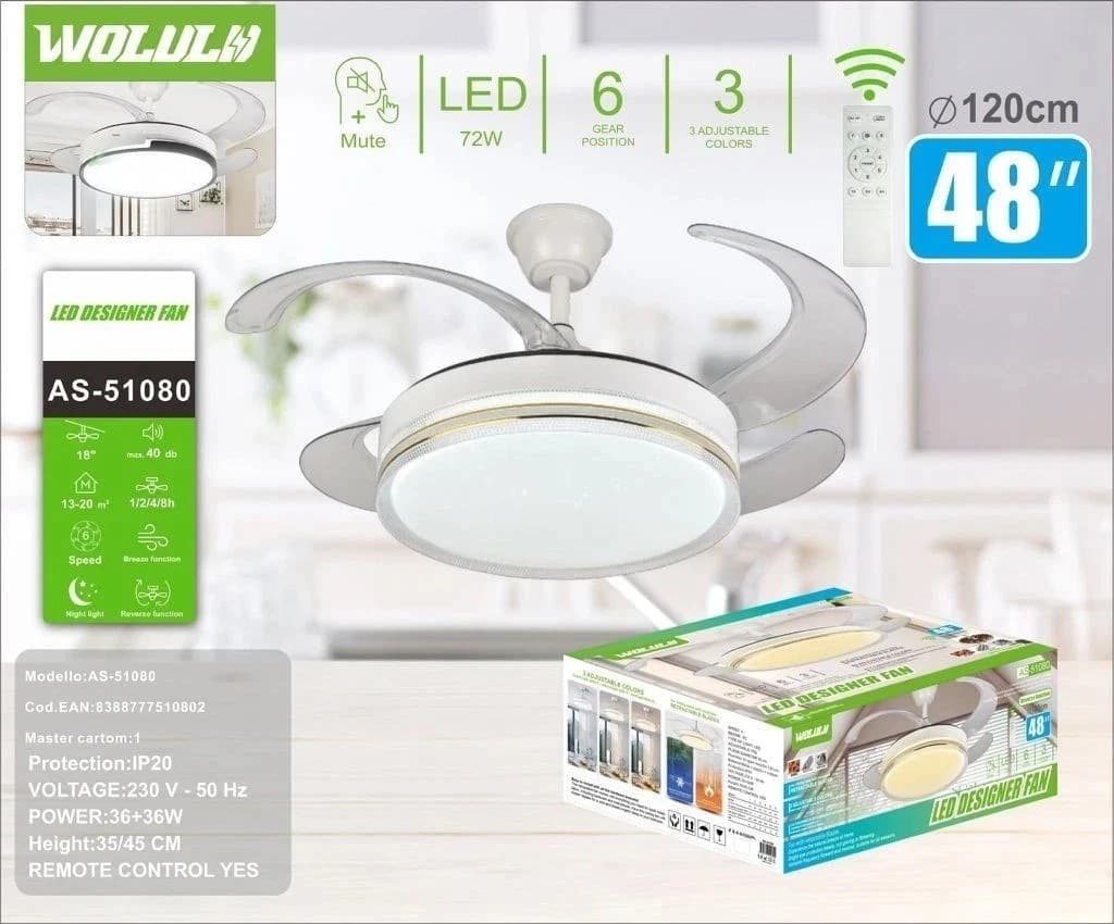 Lampadario LED con Ventilatore per Soffitto 72W CCT 3 Colori LUCE Pale a Scomparsa 6 Velocità