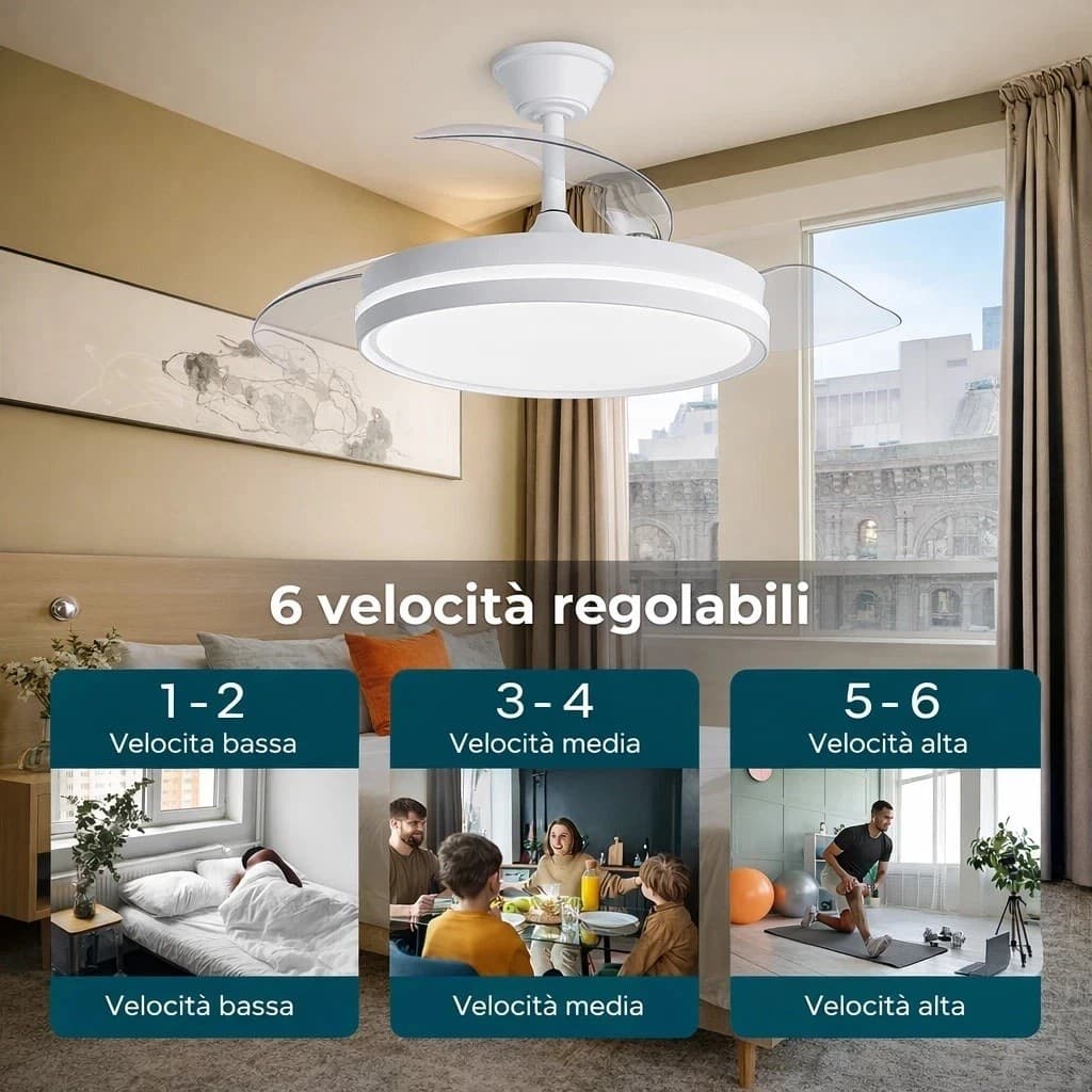 Lampadario LED con Ventilatore per Soffitto 72W CCT 3 Colori LUCE Pale a Scomparsa 6 Velocità - 6
