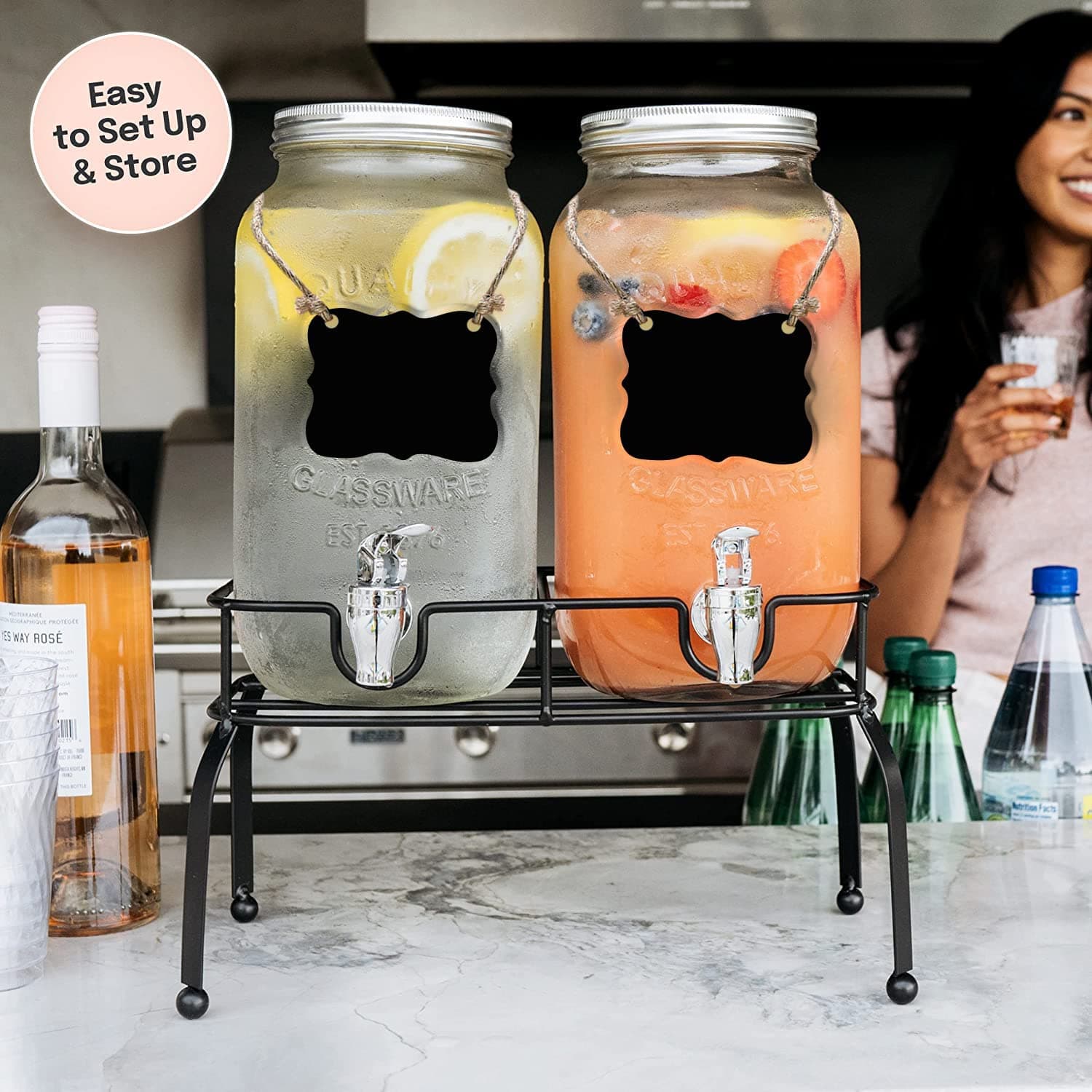 Caraffe in vetro porta bevande con rubinetto, infusiere e supporto in metallo 2 x 4 Lt - 3