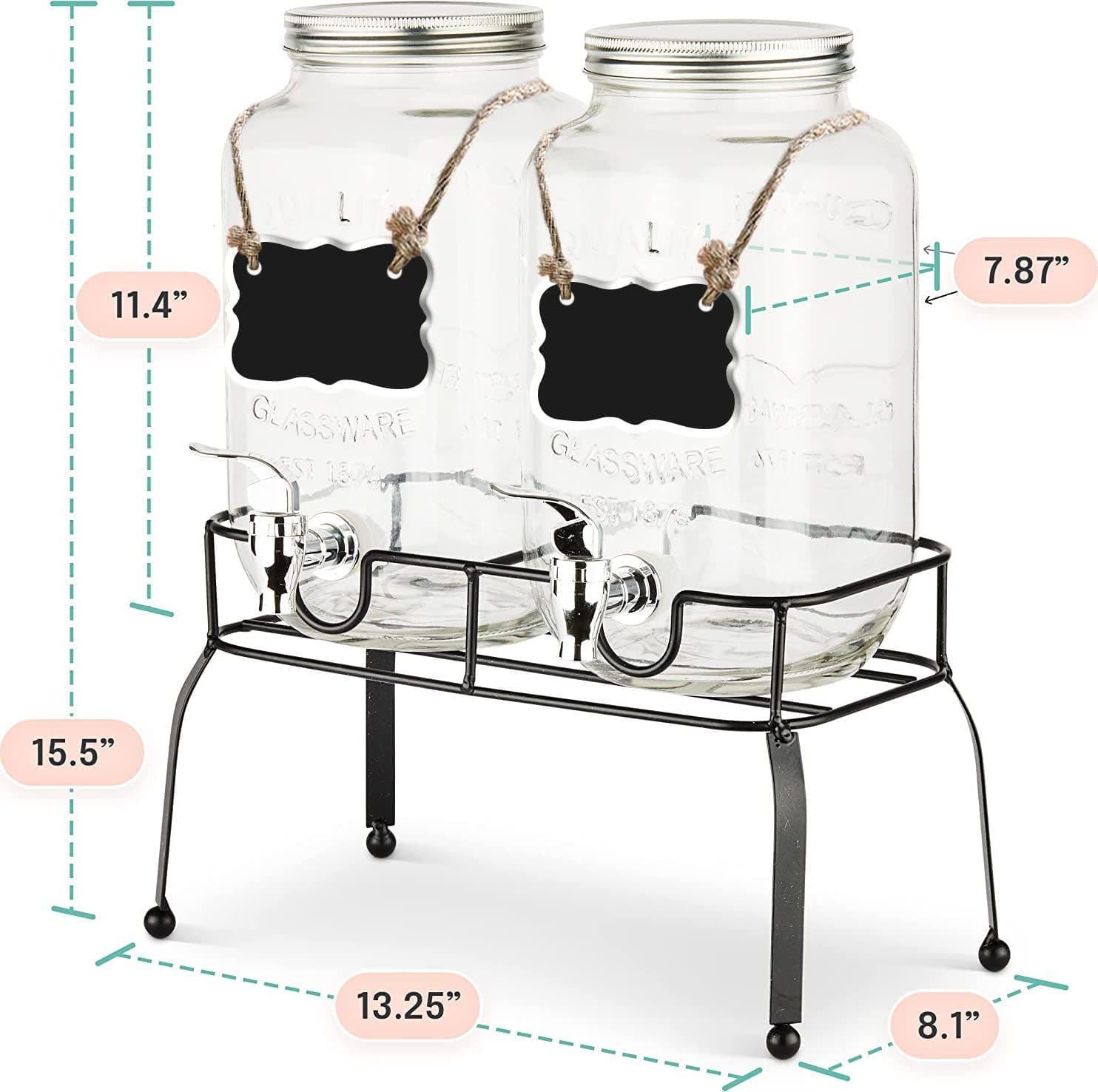 Caraffe in vetro porta bevande con rubinetto, infusiere e supporto in metallo 2 x 4 Lt - 6