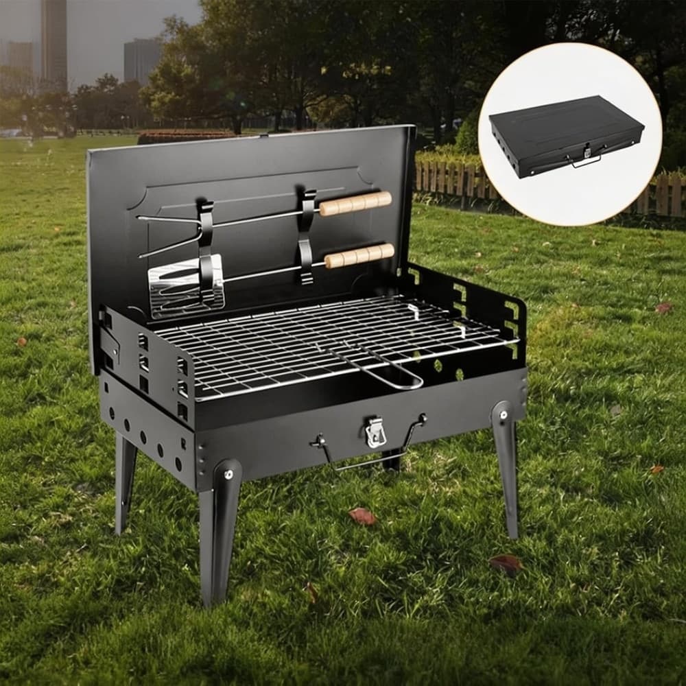 BARBECUE PORTATILE CUSTODIA PIEGHEVOLE CON GAMBE FORCHETTA SPATOLA GRIGLIA PICNIC 638962 - 2