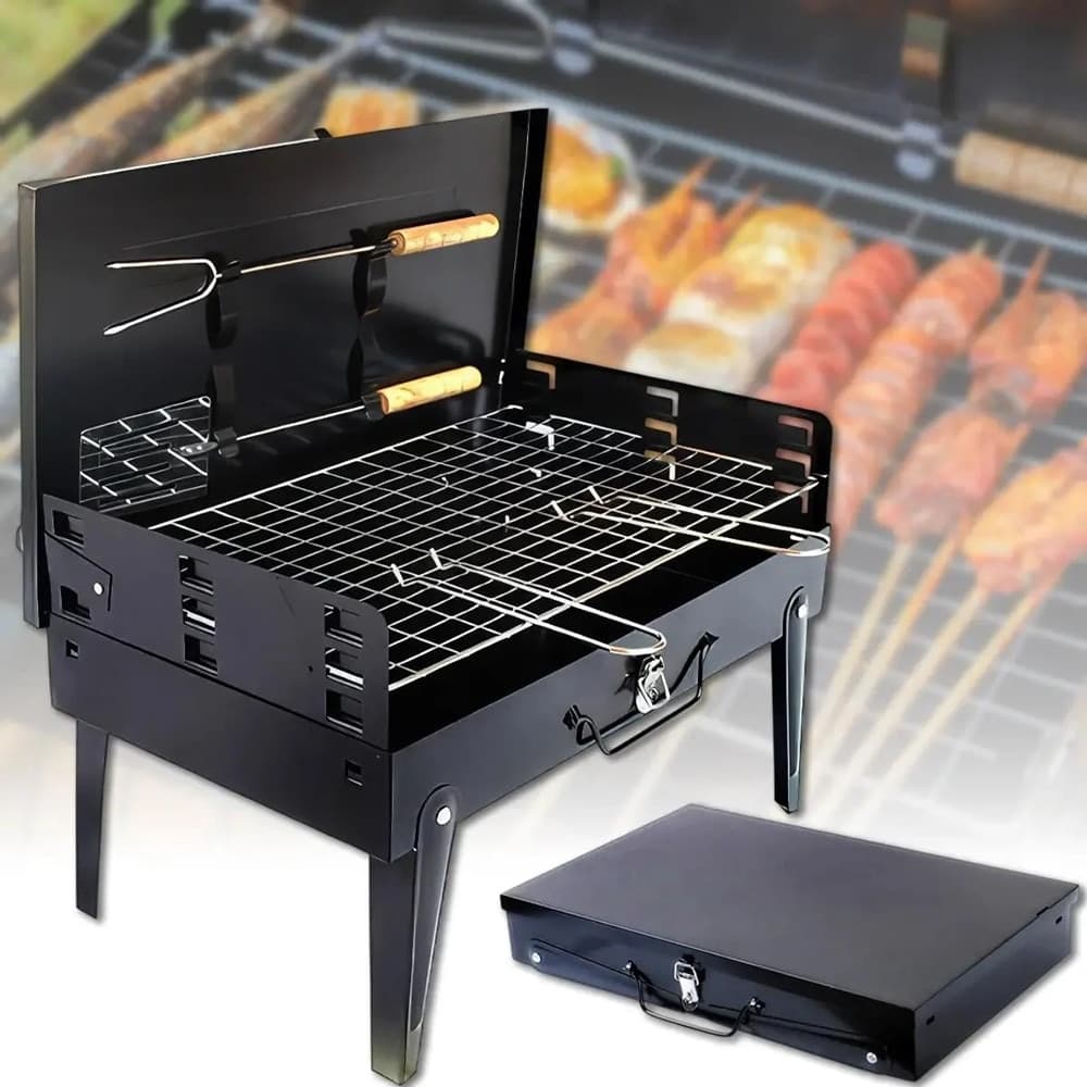BARBECUE PORTATILE CUSTODIA PIEGHEVOLE CON GAMBE FORCHETTA SPATOLA GRIGLIA PICNIC 638962 - 11