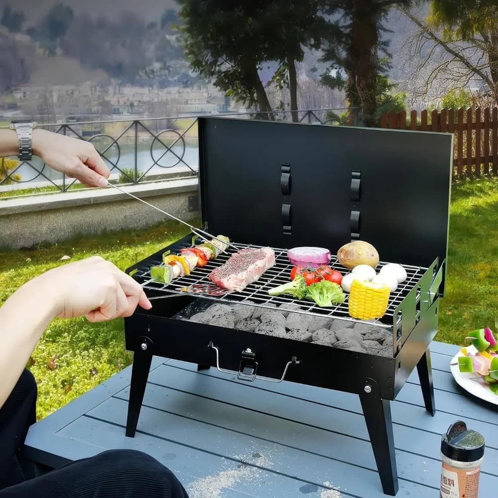 BARBECUE PORTATILE CUSTODIA PIEGHEVOLE CON GAMBE FORCHETTA SPATOLA GRIGLIA PICNIC 638962 - 3