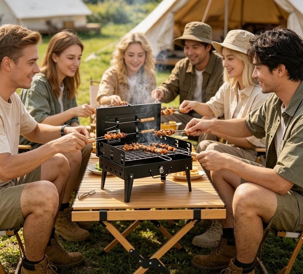 BARBECUE PORTATILE CUSTODIA PIEGHEVOLE CON GAMBE FORCHETTA SPATOLA GRIGLIA PICNIC 638962 - 5