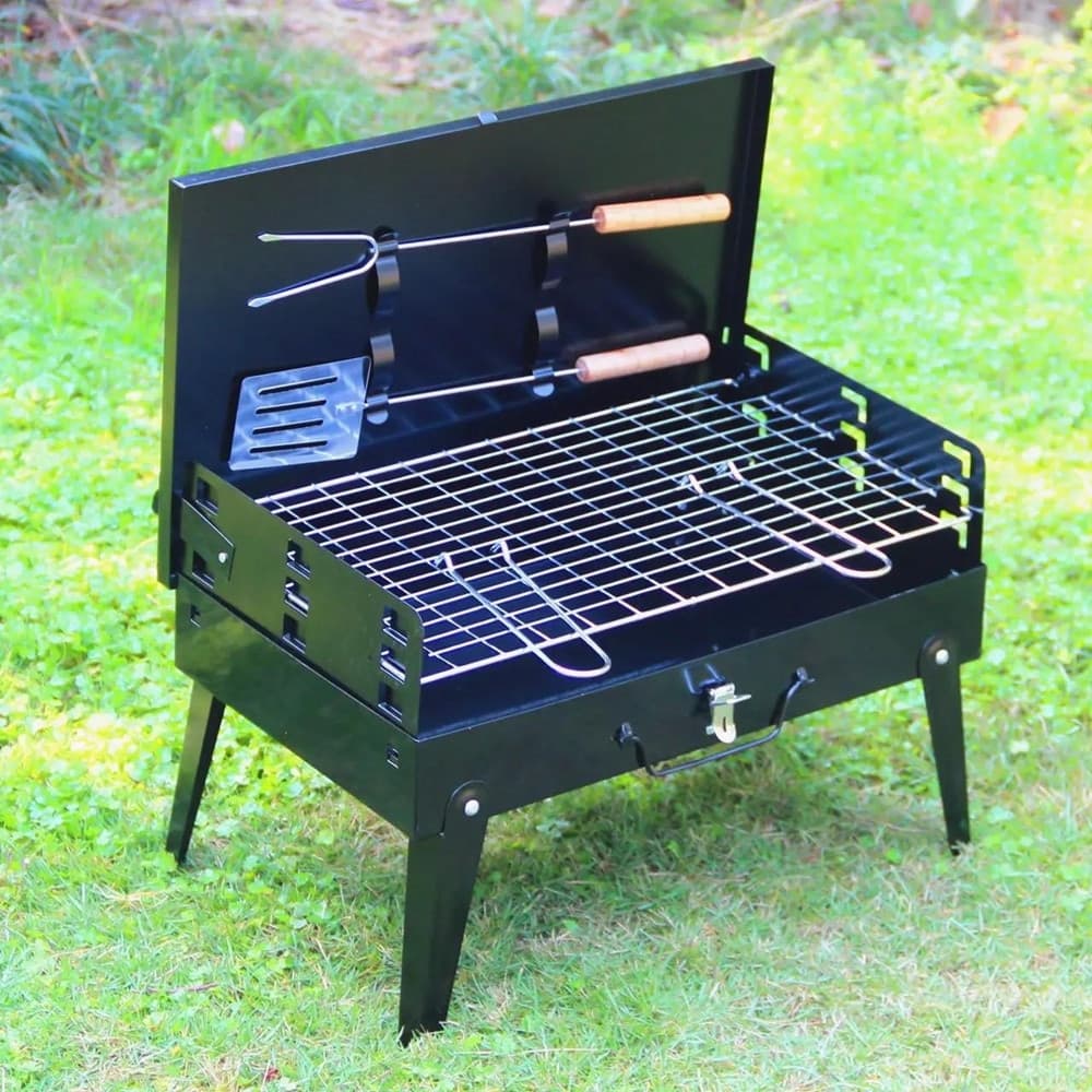 BARBECUE PORTATILE CUSTODIA PIEGHEVOLE CON GAMBE FORCHETTA SPATOLA GRIGLIA PICNIC 638962 - 7
