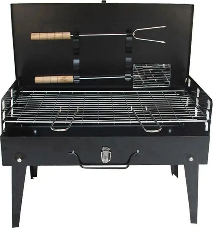 BARBECUE PORTATILE CUSTODIA PIEGHEVOLE CON GAMBE FORCHETTA SPATOLA GRIGLIA PICNIC 638962 - 8