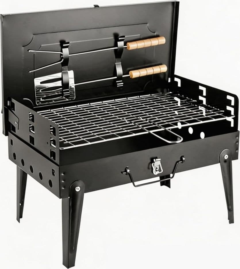 BARBECUE PORTATILE CUSTODIA PIEGHEVOLE CON GAMBE FORCHETTA SPATOLA GRIGLIA PICNIC 638962 - 9