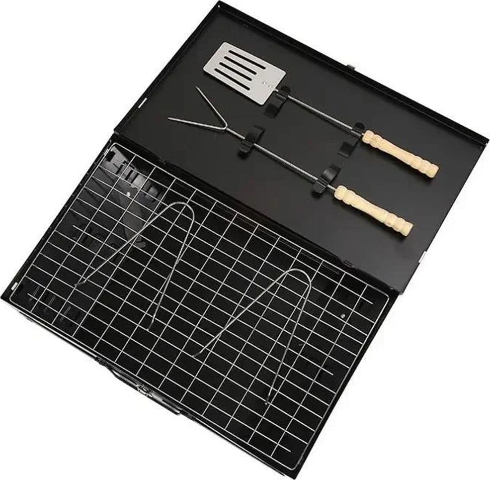 BARBECUE PORTATILE CUSTODIA PIEGHEVOLE CON GAMBE FORCHETTA SPATOLA GRIGLIA PICNIC 638962 - 10