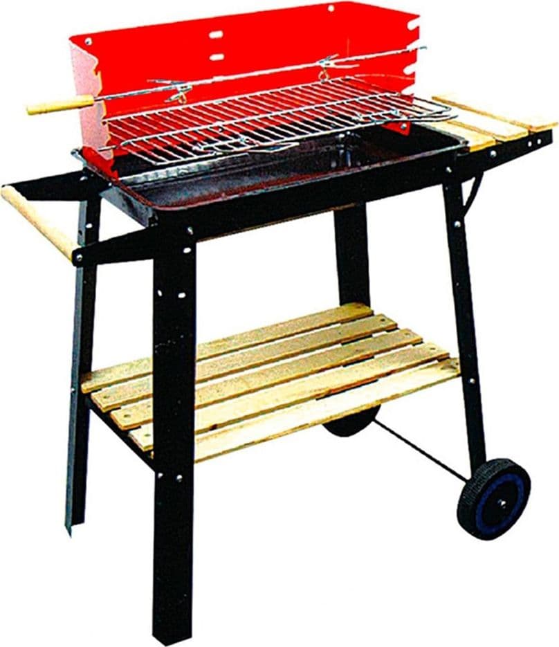 BARBECUE GRIGLIA A CARBONE PORTATILE CON RUOTE SPIEDO RIPIANI IN LEGNO PER UTENSILI 638966