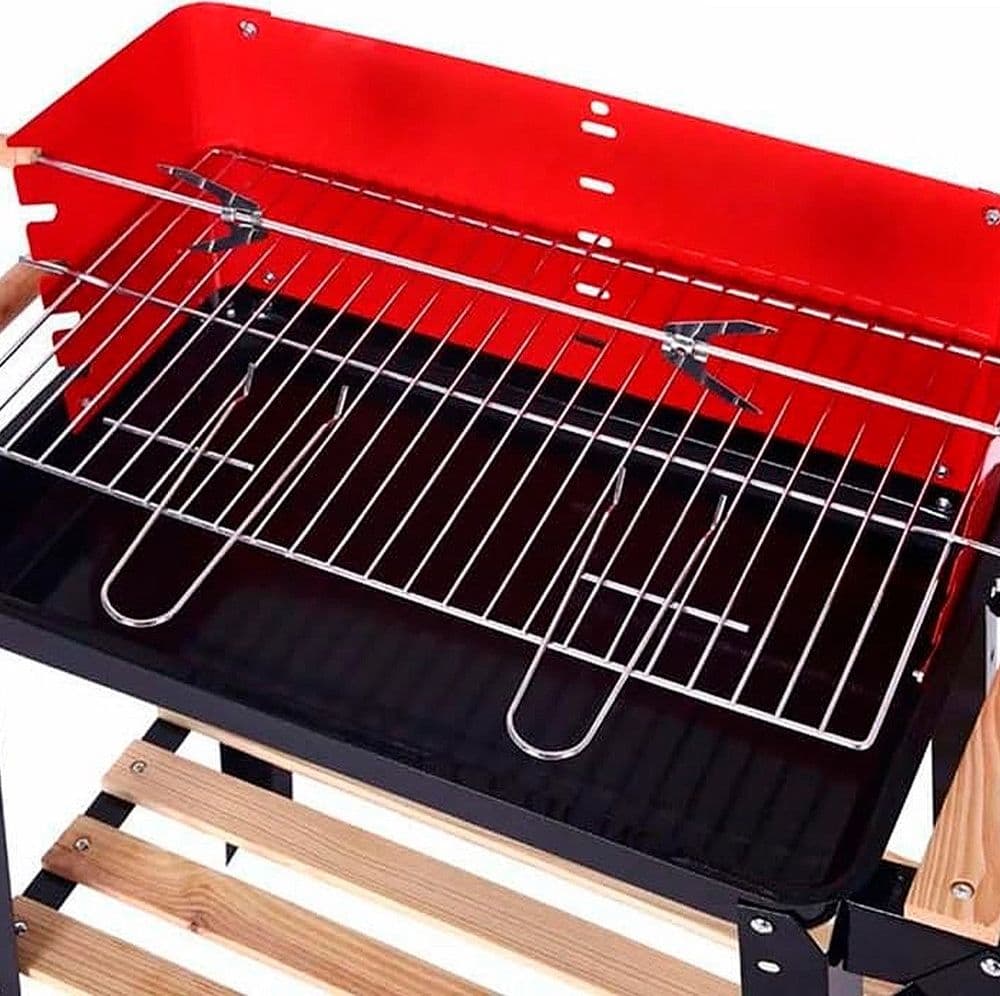 BARBECUE GRIGLIA A CARBONE PORTATILE CON RUOTE SPIEDO RIPIANI IN LEGNO PER UTENSILI 638966 - 4