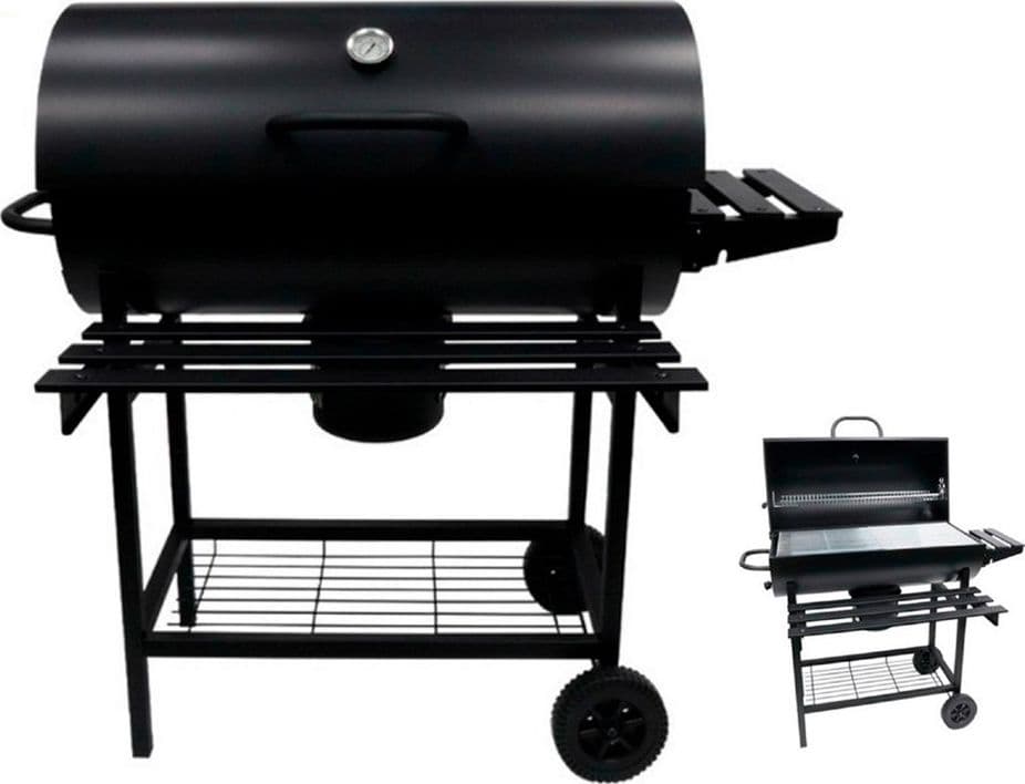 BARBECUE A CARBONE DESIGN A BARILE CON RUOTE TERMOMETRO RIPIANI GRIGLIA ACCIAIO 639868