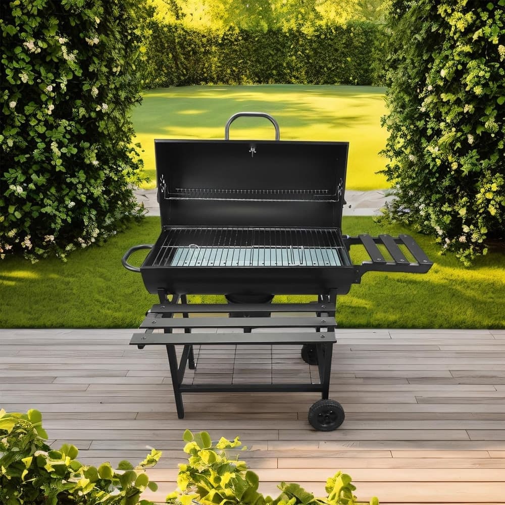 BARBECUE A CARBONE DESIGN A BARILE CON RUOTE TERMOMETRO RIPIANI GRIGLIA ACCIAIO 639868 - 3