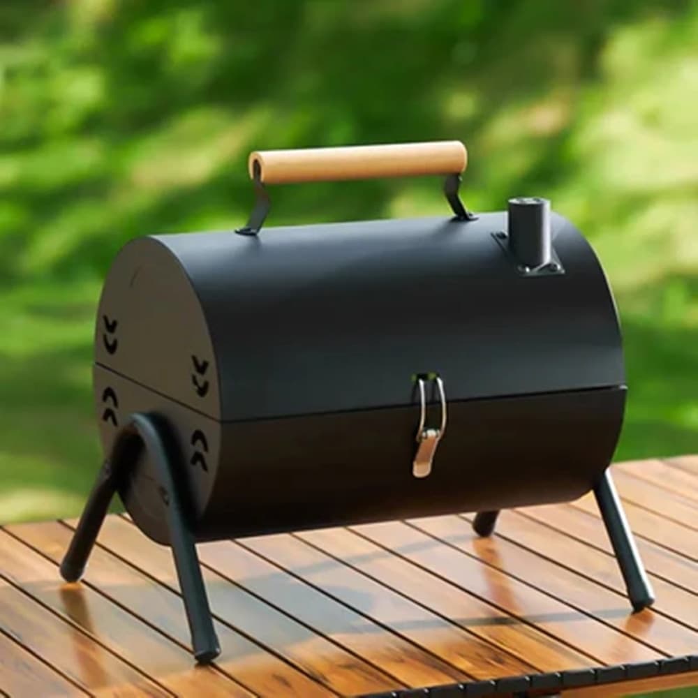 BARBECUE PORTATILE GRIGLIA A CARBONE DESIGN CILINDRICO CON CAMINO MANIGLIA VASSOI 638970 - 2