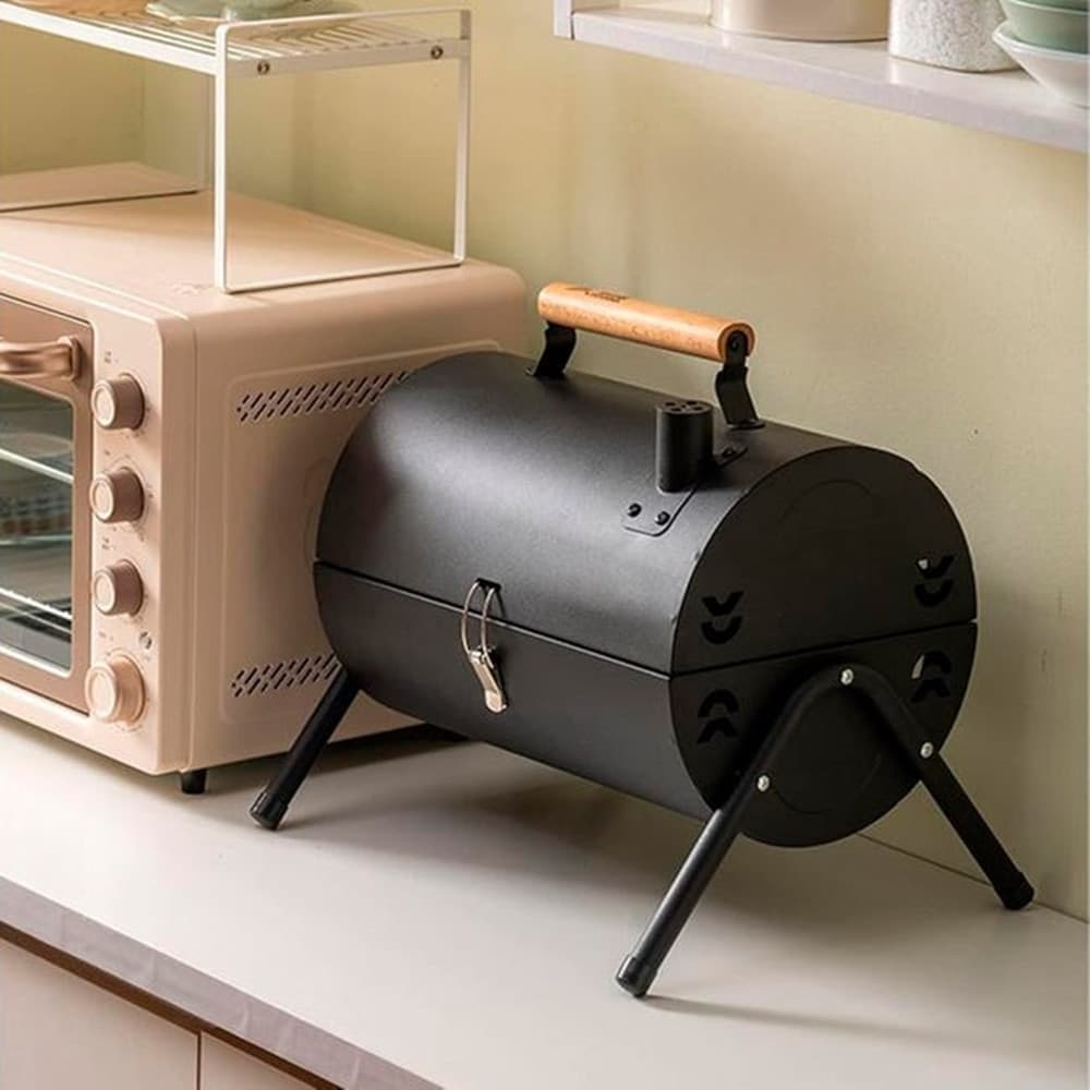 BARBECUE PORTATILE GRIGLIA A CARBONE DESIGN CILINDRICO CON CAMINO MANIGLIA VASSOI 638970 - 4