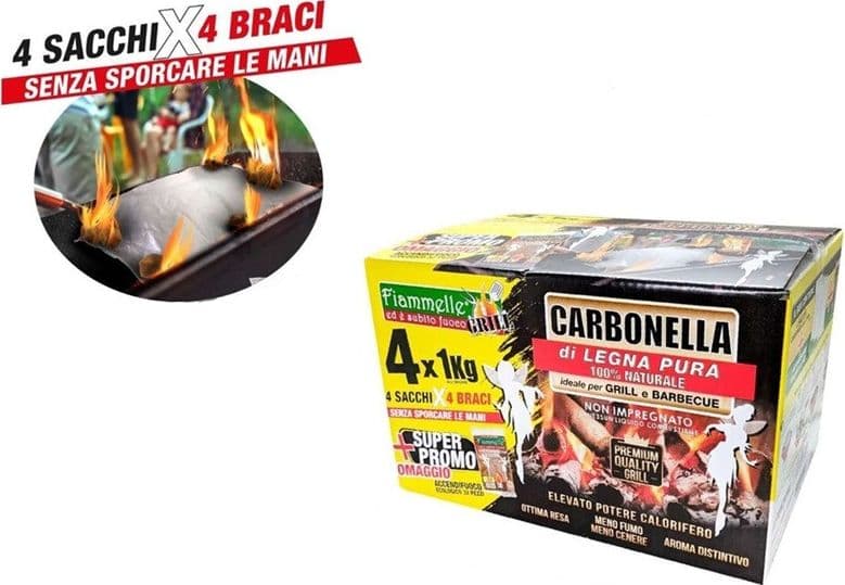 CARBONELLA PER BARBECUE 4KG ACCENDIFUOCO 100% LEGNO NATURALE ALTO POTERE CALORIFERO 065543