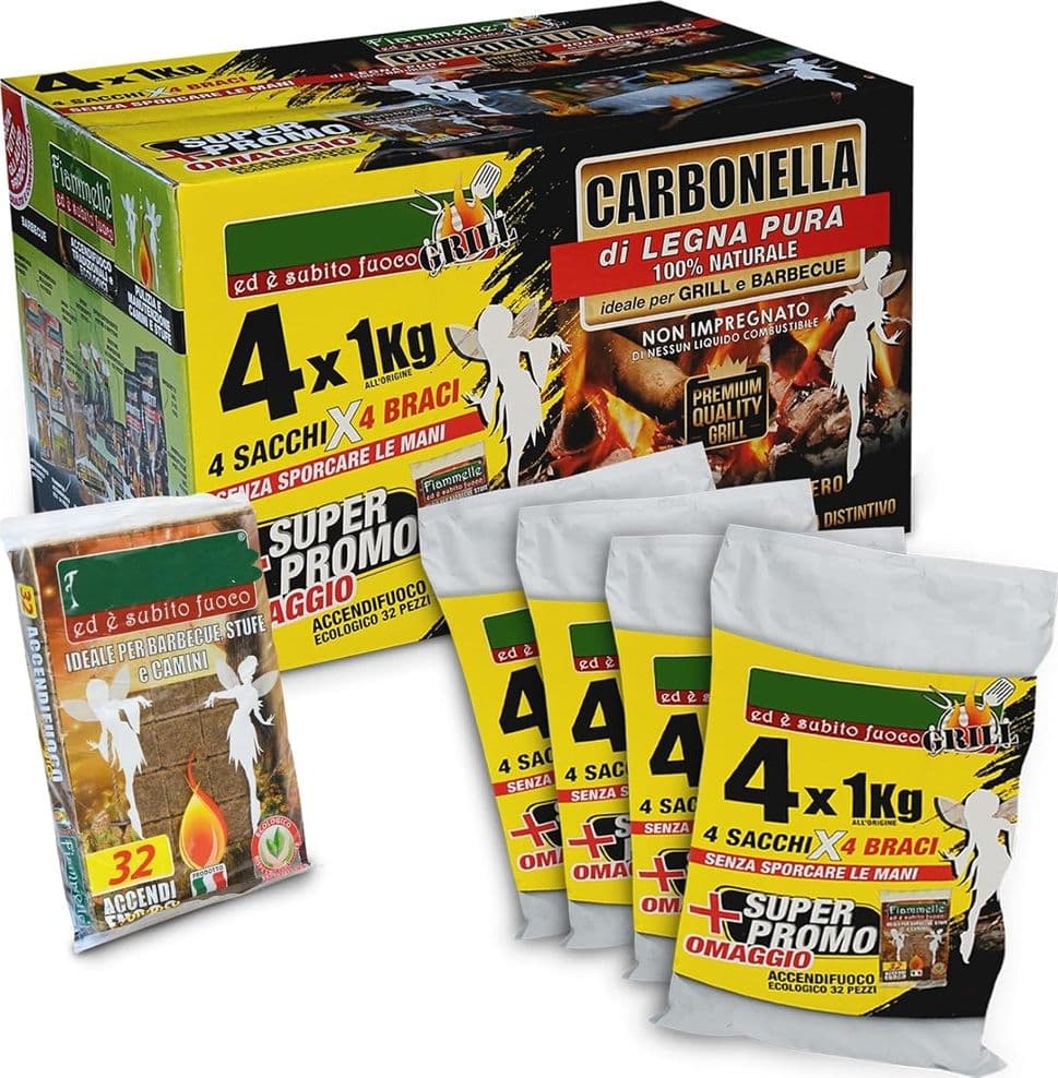 CARBONELLA PER BARBECUE 4KG ACCENDIFUOCO 100% LEGNO NATURALE ALTO POTERE CALORIFERO 065543 - 2