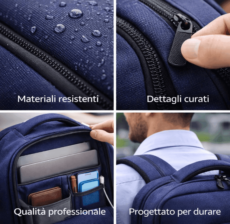 Cartospedia - Commute Zaino Porta Computer Waterproof Blu in Poliestere con Schienale Ergonomico Imbottito, Porta USB, 2 Scompar - 2