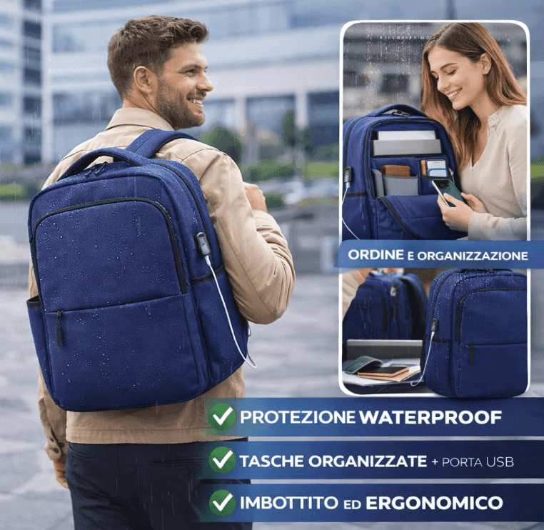 Cartospedia - Commute Zaino Porta Computer Waterproof Blu in Poliestere con Schienale Ergonomico Imbottito, Porta USB, 2 Scompar - 3