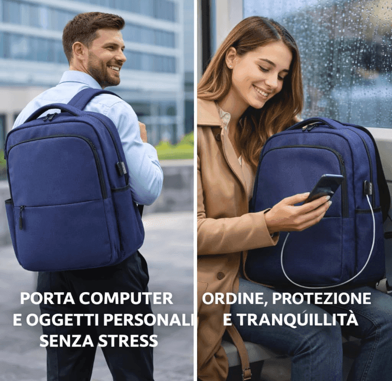Cartospedia - Commute Zaino Porta Computer Waterproof Blu in Poliestere con Schienale Ergonomico Imbottito, Porta USB, 2 Scompar - 5